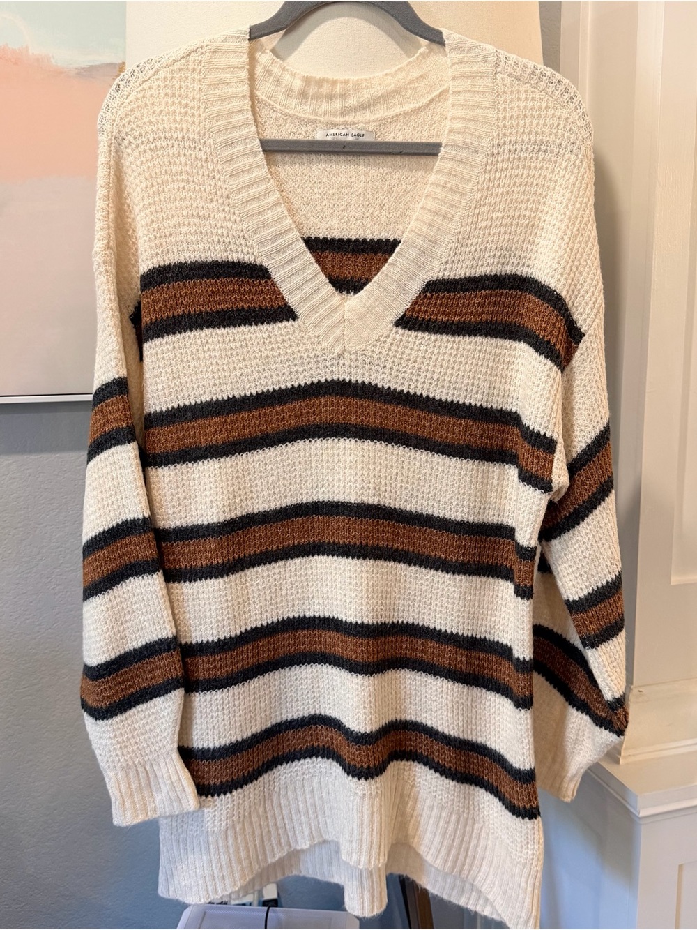 American Eagle Outfitters Cream V-Neck Sweater with Brown & Black Stripes